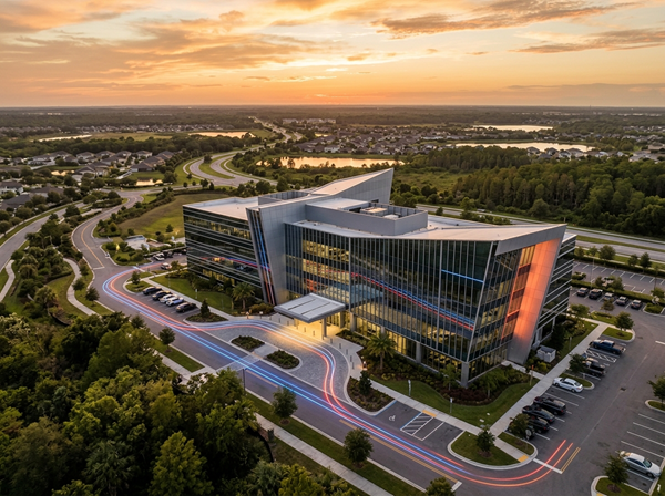 Sleek, modern glass-and-steel research and development facility representing NeoCity's aerospace and semiconductor tech hub.